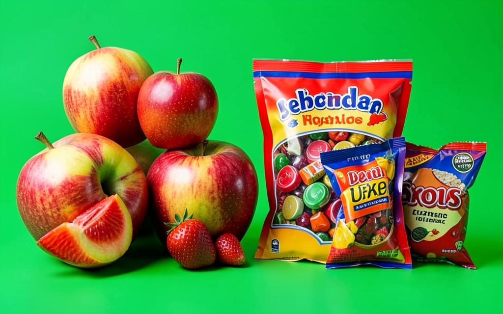 Frutas frescas ao lado de doces e salgadinhos industrializados