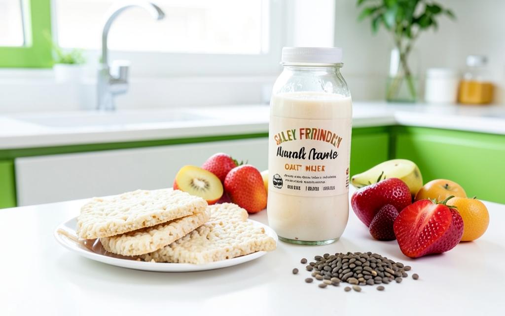 Alimentos seguros para alérgicos: frutas frescas, biscoitos de arroz e bebida vegetal