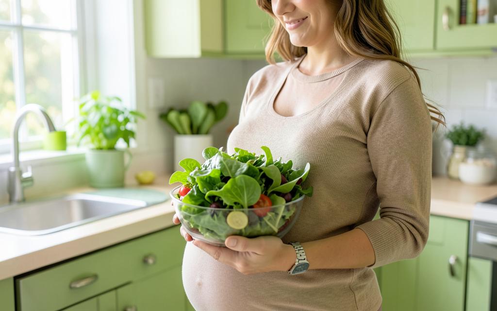 Gestante segurando uma tigela de salada fresca na cozinha