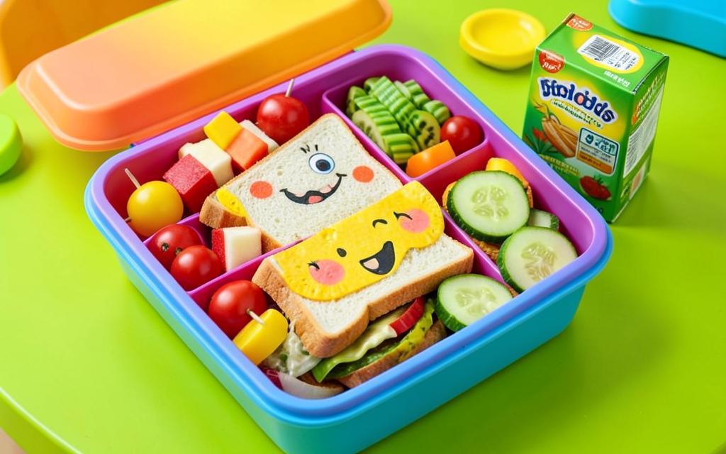 Lancheira infantil colorida com sanduíche divertido, frutas e vegetais