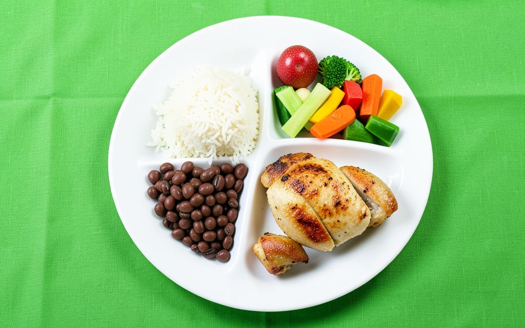 Prato infantil dividido com arroz, feijão, frango grelhado e legumes coloridos