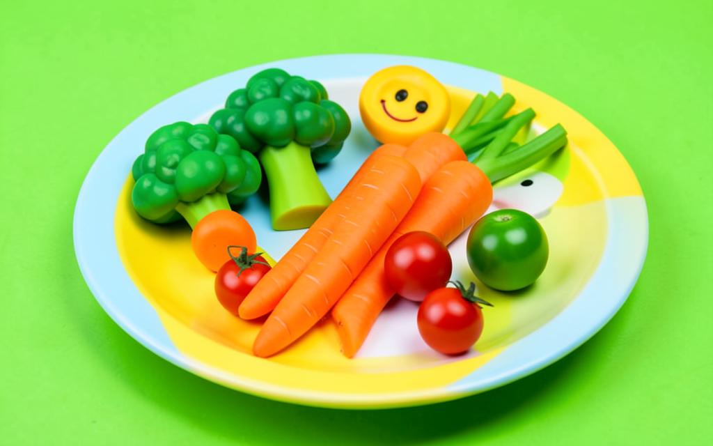 Prato infantil colorido com brócolis, cenoura e tomates em formato divertido