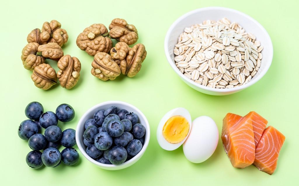 Alimentos para o cérebro: nozes, mirtilos, aveia, ovos e salmão